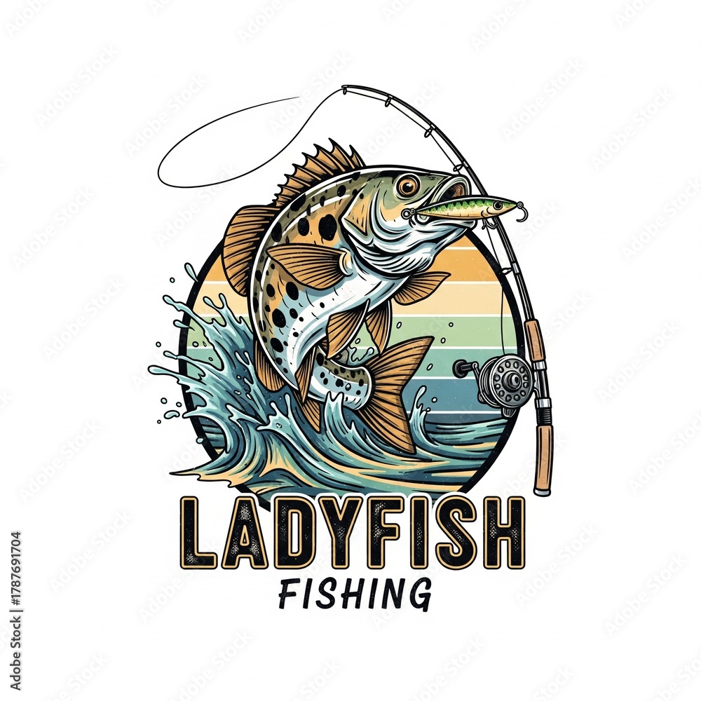Fototapeta premium Ladyfish as a logo print design on various media such as t-shirts, mugs, hats, tote bags, etc. for various events related to fishing hobbies, vintage cartoon flat design illustrations