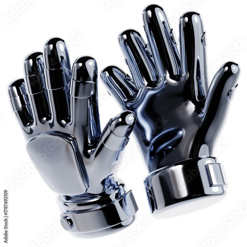 Gleaming chrome robotic hands symbolizing future technology, advanced AI, and human-machine interaction in a bionic or virtual reality context