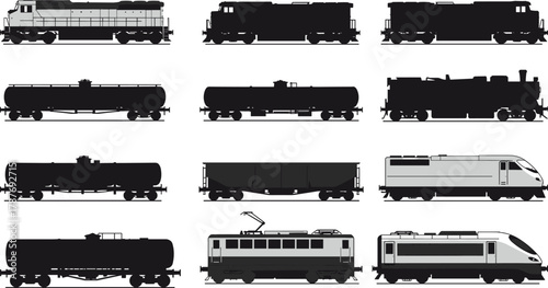Train icons, diesel locomotive, steam engine, tank car, hopper car, electric train, passenger train, silhouette set, rail transport, vector graphic