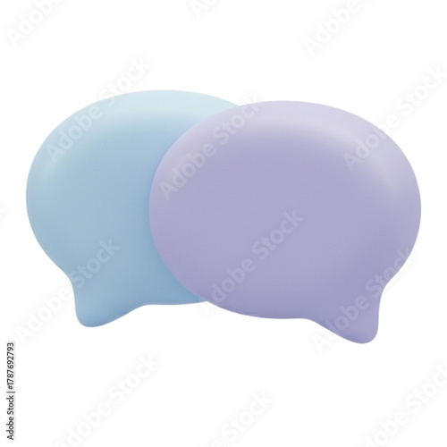 3D render of two soft pastel speech bubbles, blue and purple, symbolizing the concept of digital communication, online chat, and interactive messaging