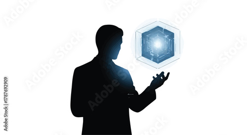 Man holding glowing futuristic hexagon with sparkling light particles