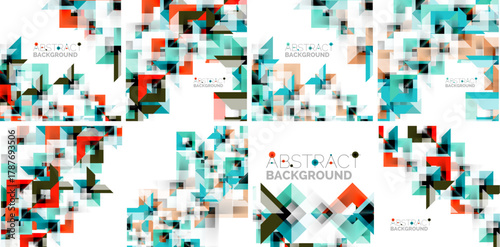Geometric patterns form colorful backgrounds. Squares, triangles, rectangles overlap creating modern visual texture. Bright hues dominate composition.