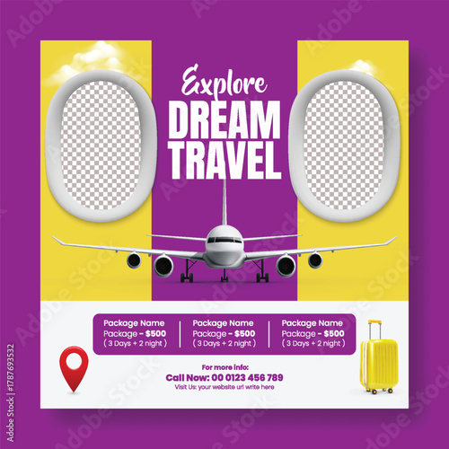 Travel Sale Promotion and Holiday Tour Social Media Post Template Design for Travel Agency Advertisement, Summer Vacation Package Marketing, and Adventure Trip Poster