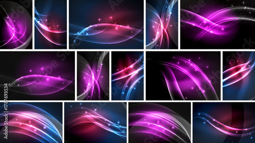 Bright neon waves, curves, sparkles on black background. Dynamic light effects create abstract patterns. Vivid colors dominate composition.