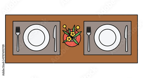 Table setting overhead view with plates cutlery and flower centerpiece
