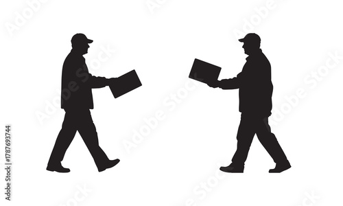 Two delivery men exchanging packages silhouette