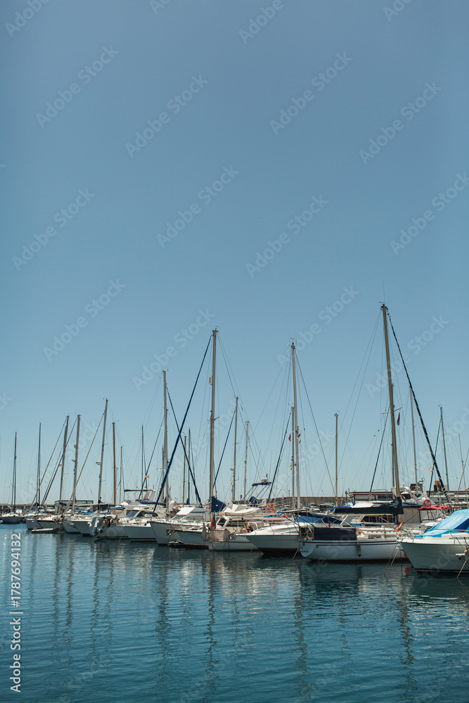 Fototapeta premium Sailboats Docked at Marina Under Clear Blue Sky