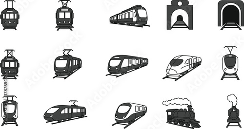 Train icons, tram symbols, railway silhouettes, steam locomotive, high-speed train, tunnel entrance, metro transport, black and white, infrastructure, transit