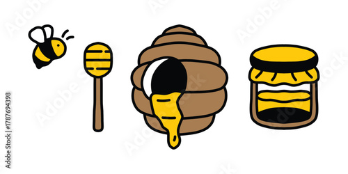 Cute Honey Bee and Honey Icons Set. Cartoon Flat Vector Design