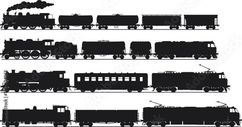 Train silhouette collection, steam locomotive, diesel engine, electric train, freight cars, passenger transport, vintage rail, transportation icons, railway evolution, black shapes