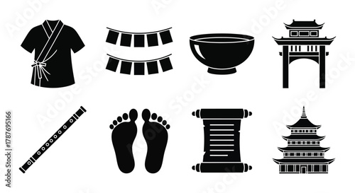 Asian culture elements vector set traditional symbols and objects