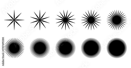 Black Spiky Sunburst Vector Set – Radial Sharp Lines, Geometric Spokes, Abstract Circle Burst, Pointed Rays Pattern