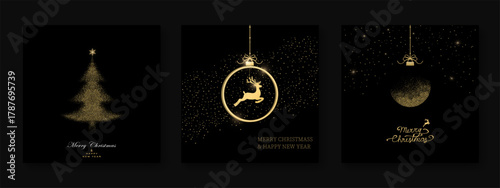 Pack of festive greeting cards with Christmas  ball, dear, christmas tree on black background. Holiday pattern. Vector illustratio