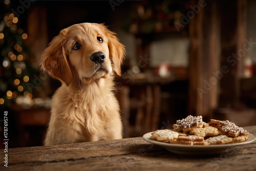 Golden Retriever Puppy Waiting By Plate Of Cookies In Cozy Christmas Kitchen Setting, Warm Holiday Scene With Soft Lighting And Festive Backdrop