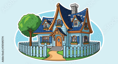 Cartoon house illustration with picket fence and tree drawing art