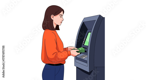 Woman using atm machine to withdraw cash financial transaction vector