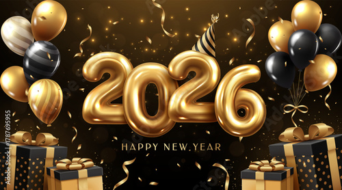Golden 2026 new year celebration composition realistic cartoon