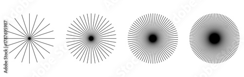 Black Radial Sunburst Elements – Thin Straight Circle Lines, Sun Rays, Speed Lines, Ray Beams, Circular Spokes, Abstract Illusion Pattern