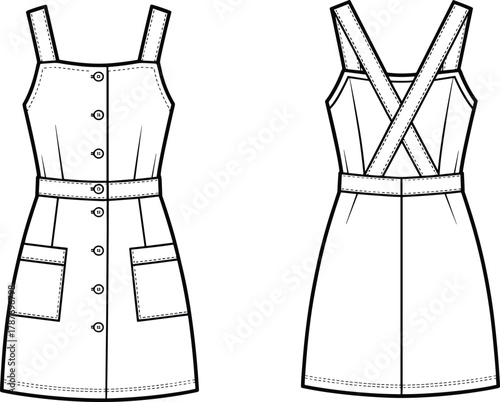 Fashion flat sketch of sleeveless button front mini dress with cross back straps and pockets, modern women clothing vector design