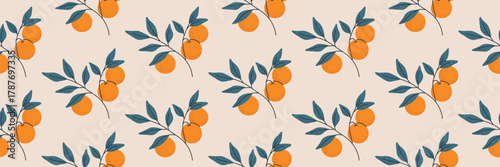 Seamless Orange Fruit Pattern with Green Leaves on Beige Background