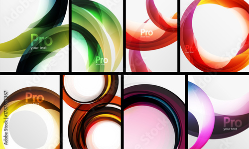Abstract vector backgrounds. Bright colors, curves, swirls, dynamic shapes. Text placeholders present, modern design elements visible.