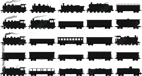 Train silhouette collection, steam locomotives, freight cars, passenger wagons, vintage rail transport, black vector icons, transportation set, railway illustration