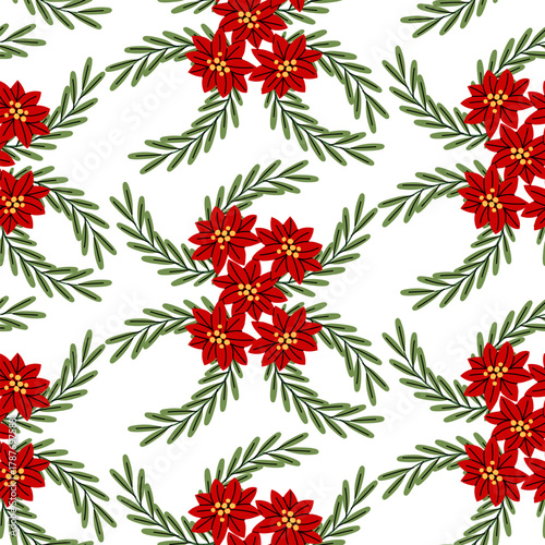 Seamless pattern with red poinsettia flowers, green rosemary leaves arranged in bouquet, top view. Christmas and New Year colors. Flat Christmas decor texture for printing on textiles, seasonal decor