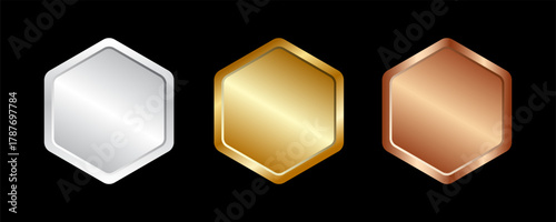 Gold, silver and bronze metal circle frames 3d vector realistic illustration. First, second and third place medals or buttons isolated on white background. Certified. Quality blank, empty badge set.