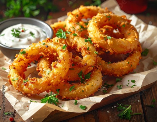 Golden onion rings on parchment with creamy dip and parsley—evoking crispness, indulgence, and the choreography of flavor, texture, and the warm ritual of shared appetites.