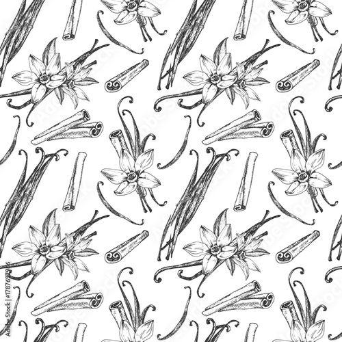 Vanilla and cinnamon hand-drawn vector seamless pattern. Black and white ornament with flowers, pods, sticks. Design elements for packaging of desserts, spices, and essential oils.