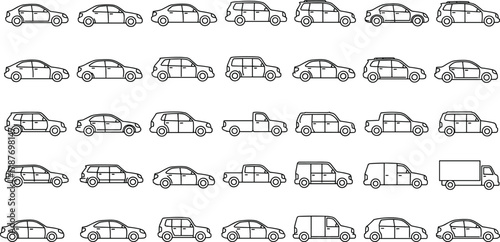 PrintCar vehicle icon set collection, transportation outline symbols, automotive silhouettes for infographic design, fleet illustration graphics, modern transport elements pack, diverse cars