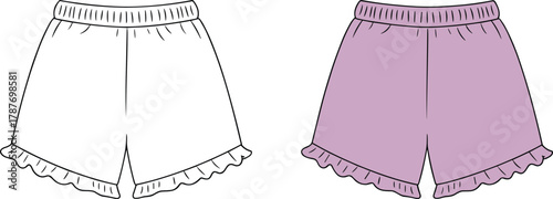 Fashion flat vector of ruffle hem shorts with elastic waistband and front slit, front view apparel design template for women