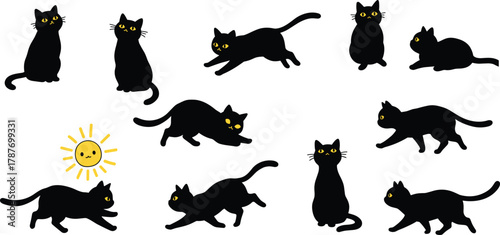 PrintCute black cats in different playful poses with yellow eyes and sunshine illustration, adorable feline silhouettes isolated on white background, vector art