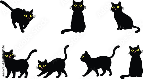 PrintCute black cats with yellow eyes in various poses, adorable kitten illustrations, cartoon feline design isolated on white background, vector art