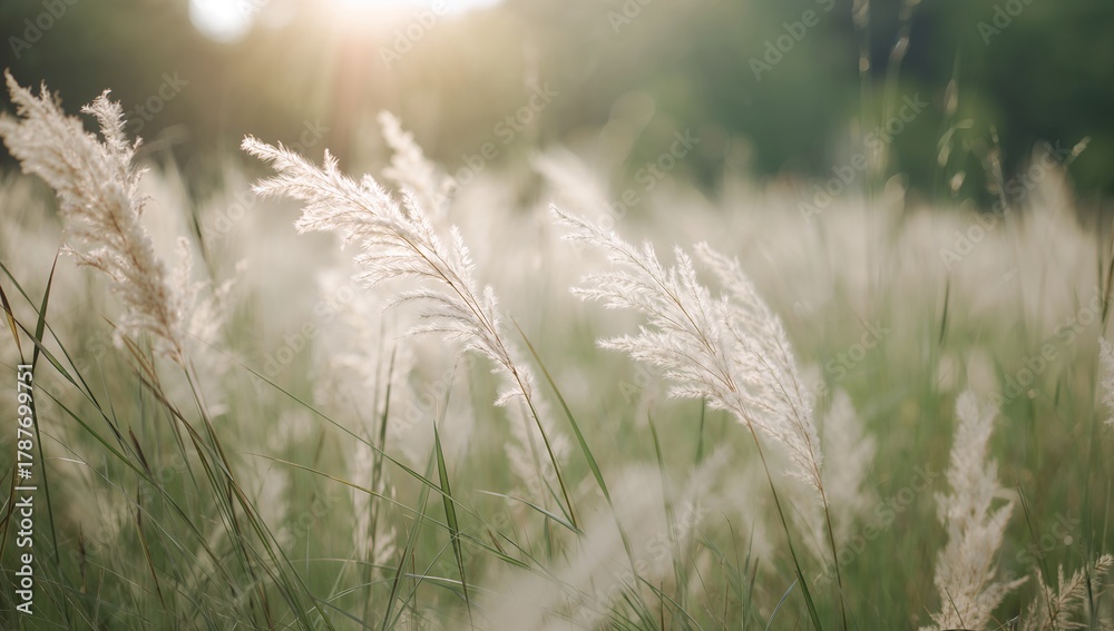 Fototapeta premium Golden hour sunlight illuminates a tranquil field of tall grass