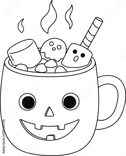 PrintCute Halloween pumpkin mug illustration with hot chocolate, marshmallows, ghosts, and candy stick, festive spooky drink coloring design