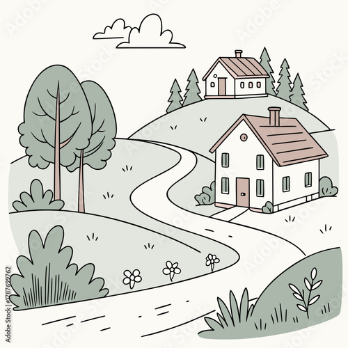 Illustration of a winding road leading to two houses on hills with trees and cloudscape above rural scene