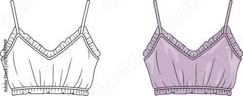 Fashion flat vector of ruffle trim bralette top with elastic hem and thin straps, front view for apparel design template