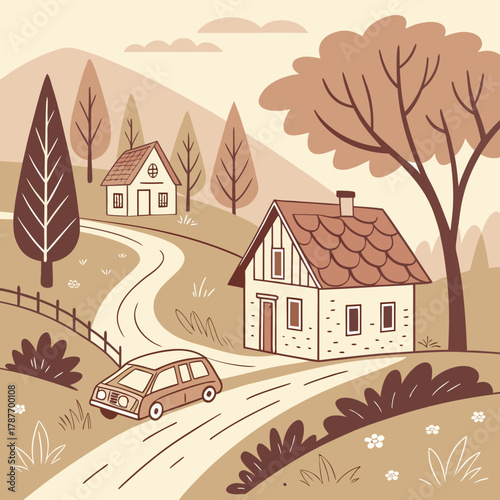 Illustration of a car driving on a winding road past houses and trees in a rural landscape scene with hills