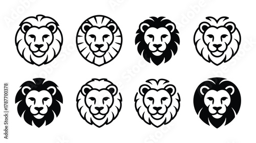 Collection of stylized lion head logos and icons, featuring various designs for branding, emblem, and mascot concepts, representing strength and power.