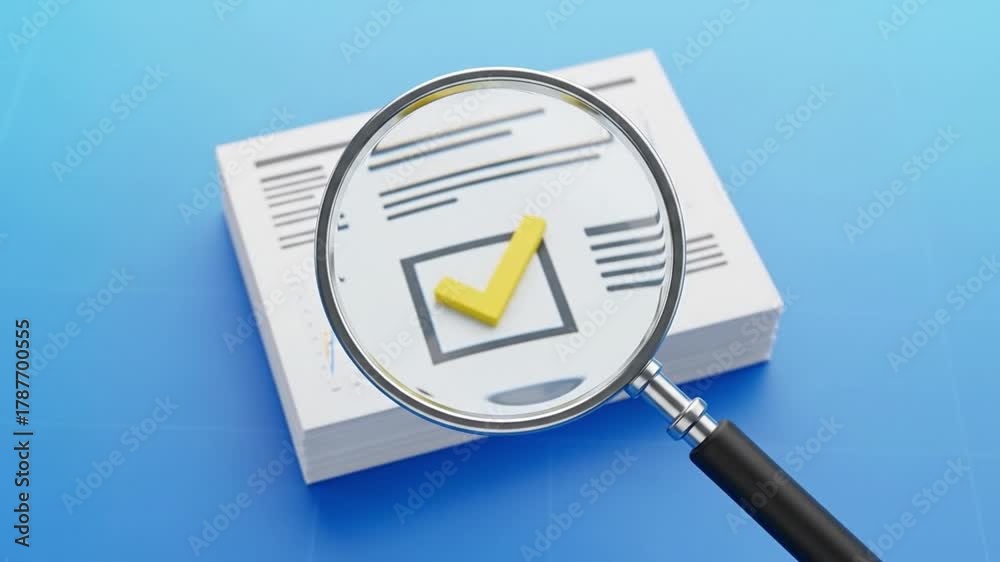 Magnifying glass focusing on a yellow checkmark in a checkbox on a ...
