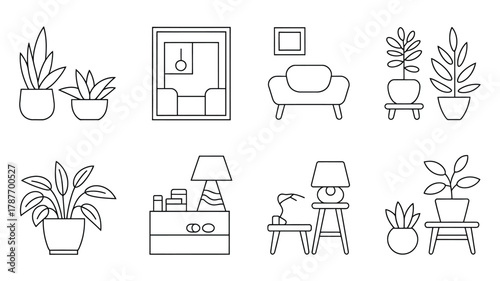Minimalist line art icons showcasing diverse home interior decor elements like potted plants, furniture, lamps, and accessories for modern living spaces.