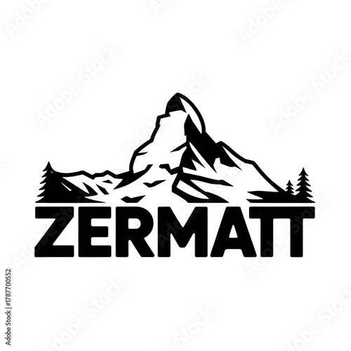 Scenic outline of the Zermatt region featuring mountains, trees, and a winding river in a badge design