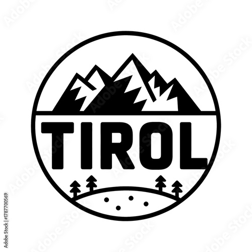 Scenic outline of the Tirol region featuring mountains, trees, and a winding river in a badge design