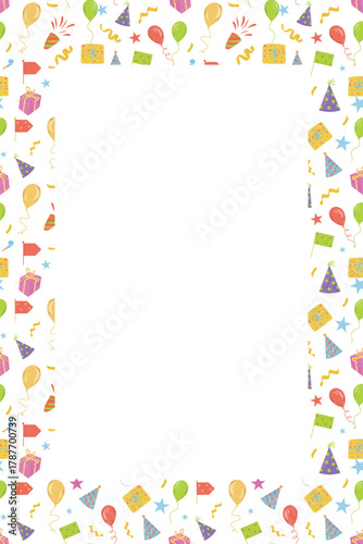 Party elements border. Holiday, Festive Hand drawn vector illustration. Party hats, gift boxes, festive elements. Border for holiday design, wallpaper, decoration, packaging, fabric, postcards