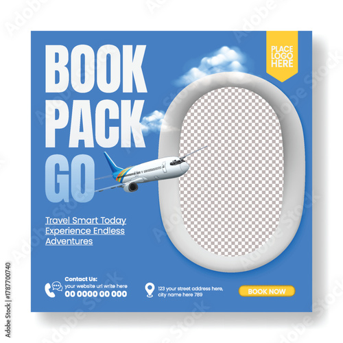 Travel Agency Square Flyer and poster Template Design for Summer Holiday Tour Promotion, Flight Ticket Booking, and Resort Vacation Advertisement on Social Media Post Feed