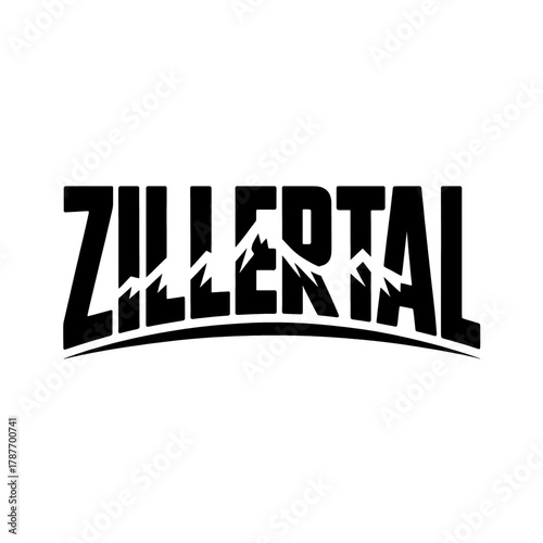 Scenic Zillertal Mountains logo featuring towering peaks, pine trees, and a winding river