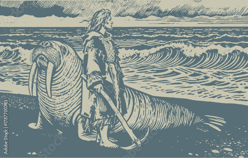 An explorer or hunter with an axe stands beside a huge walrus on a seashore. Vintage woodcut or engraving style vector illustration of an arctic adventure.