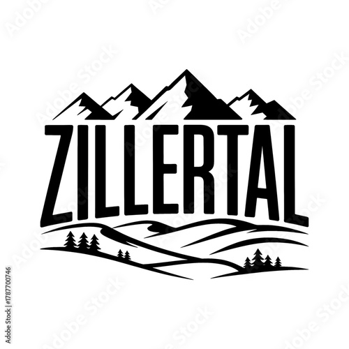 Scenic Zillertal Mountains logo featuring towering peaks, pine trees, and a winding river