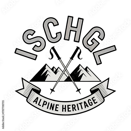 Scenic outline of the Ischgl region featuring mountains, trees, and a winding river in a badge design